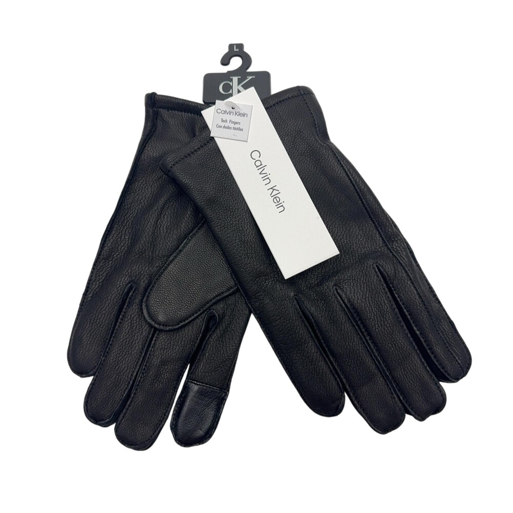 Calvin Klein Leather Gloves Mens L Black Tech Fingers Lined Touchscreen Winter